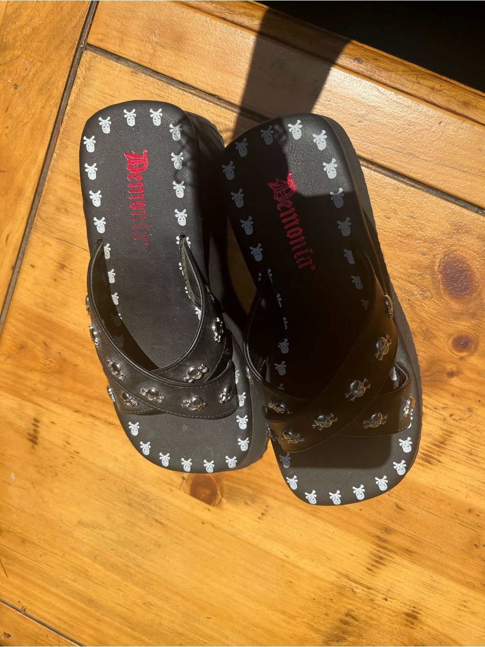 Demonia Black Skull-Print Studded Platform Sandals